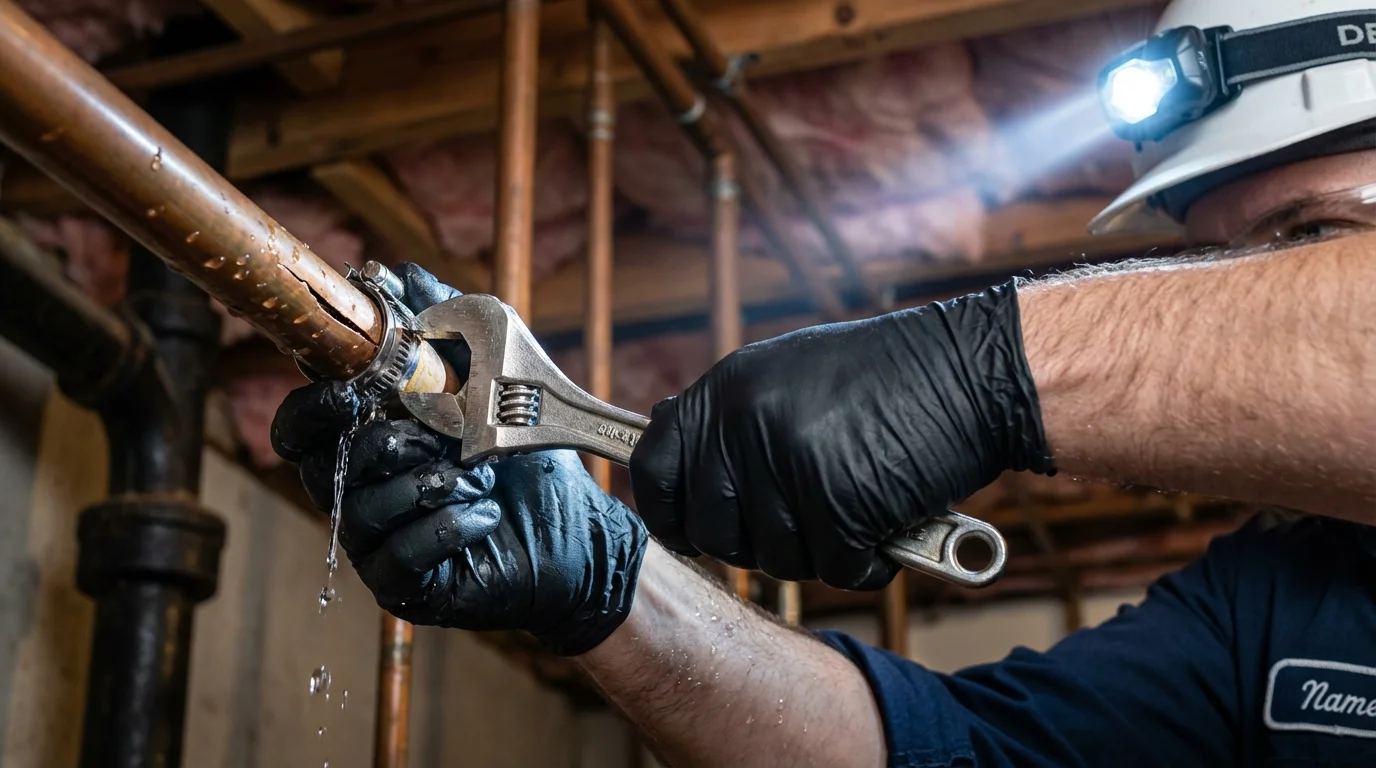 Emergency pipe clamp repair being performed by a Johns Plumbing LLC plumber in Talihina