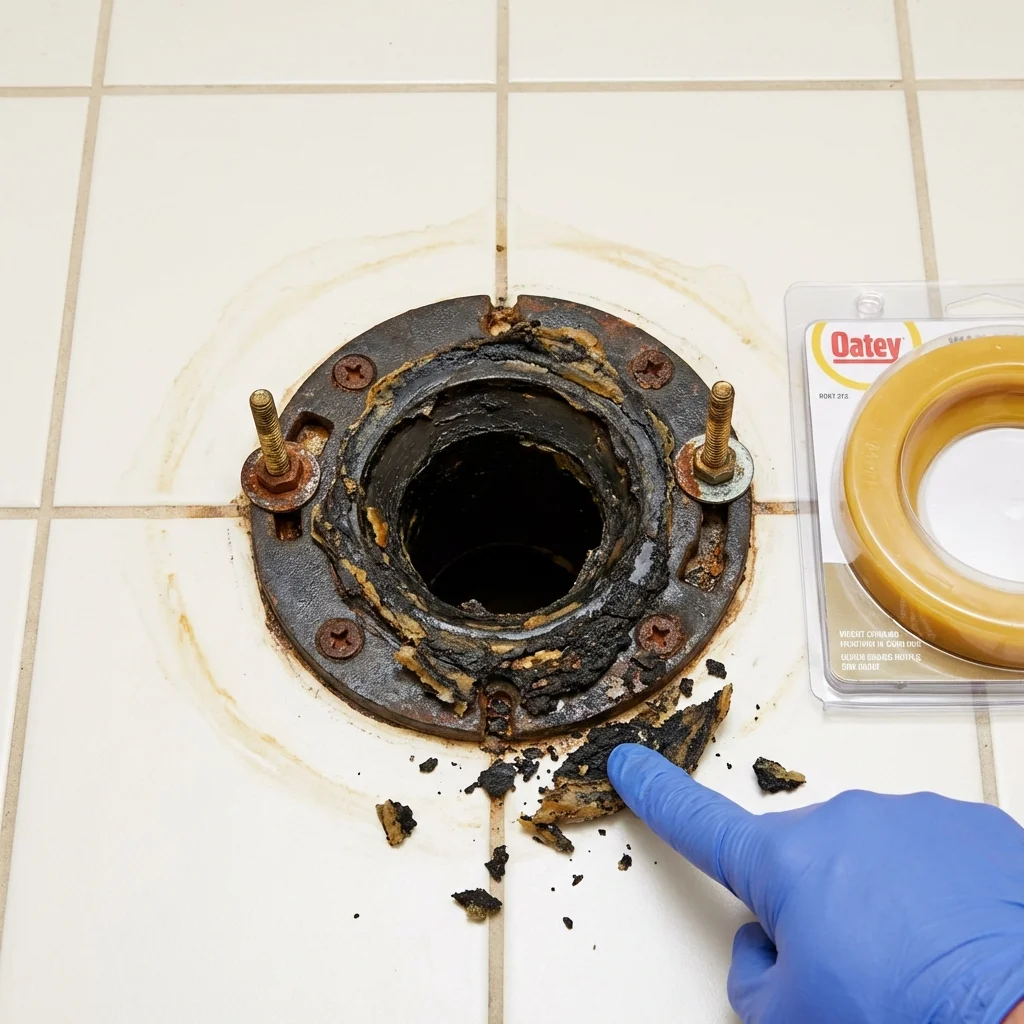 Failed wax ring showing water seepage at the base of a toilet in a Talihina, OK home