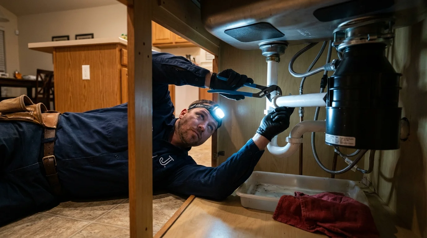 P-trap and supply line connections under a kitchen sink showing a common leak point in Talihina, OK